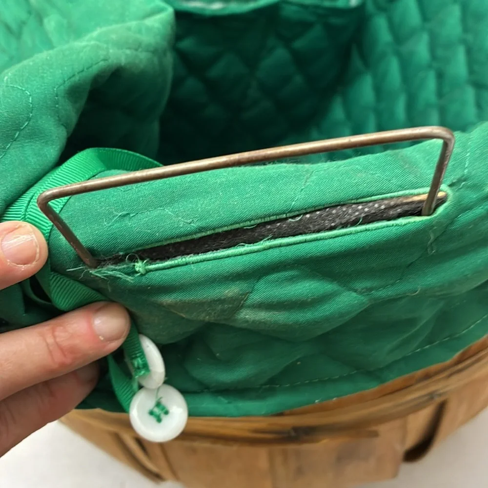 Wooden Orchard Bushel Basket Primitive Handles W/ Green Quilted Liner Pockets